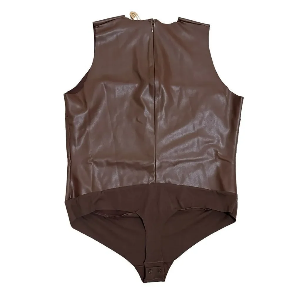 NWT SKIMS Faux Leather Crew Neck Bodysuit In Cocoa Brown Bodysuit